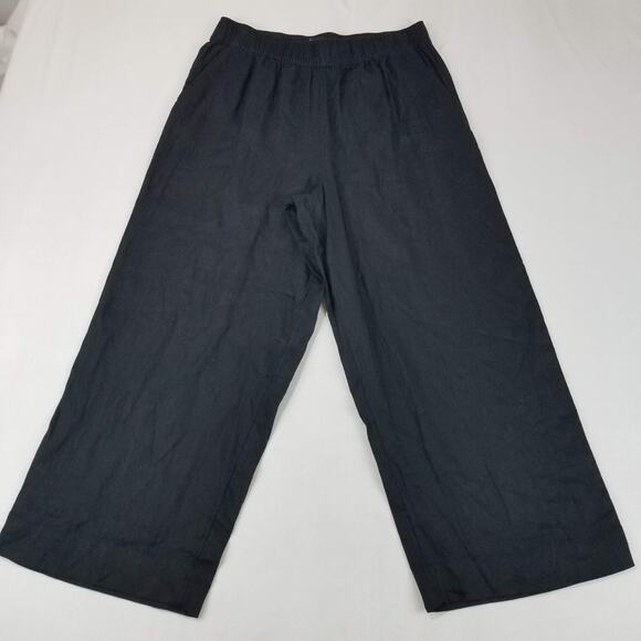 Tahari Pants - Tahari Pants Womens Large Black Linen Wide Leg Pull On Elastic Waist Pockets